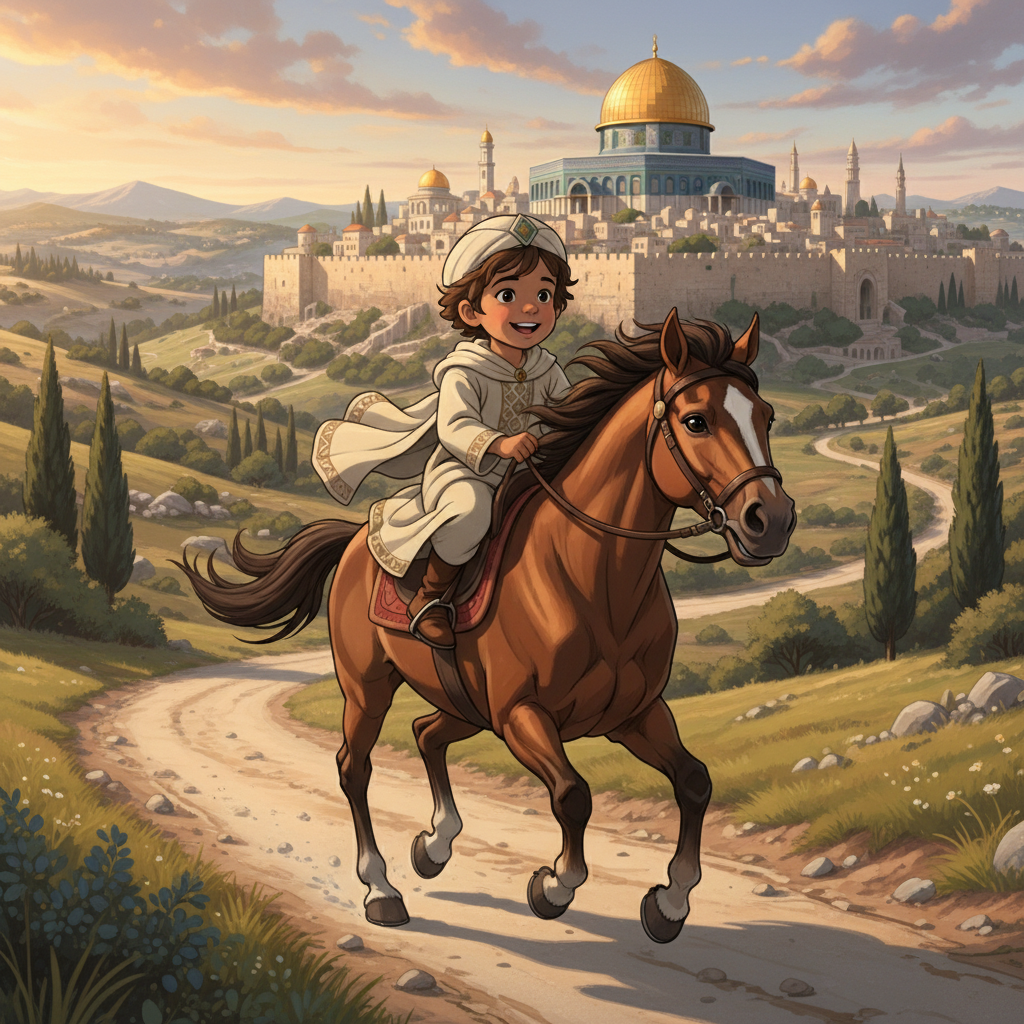 İbrahim, toddler boy with brown wavy hair, medium skin color, wearing Islamic clothing, toddler boy with brown wavy hair riding a brown horse towards a beautiful stone city, an open path leading to the ancient city of Jerusalem with a golden dome visible, warm golden hour sunlight and hopeful and excited, studio ghibli style, wide shot showing the full body of the horse and the vast landscape, 