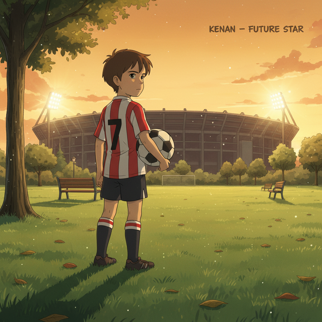 Kenan, None boy with brown straight hair, medium skin color, wearing Casual clothing, A young boy with brown straight hair stands proudly in a football kit, holding a soccer ball under his arm while looking towards a brightly lit professional stadium in the distance., A local neighborhood park with a grass field at sunset., Warm golden hour light with long shadows. and Inspirational and determined., studio ghibli style, Low angle medium shot focusing on the boy's determined expression and the stadium silhouette., 