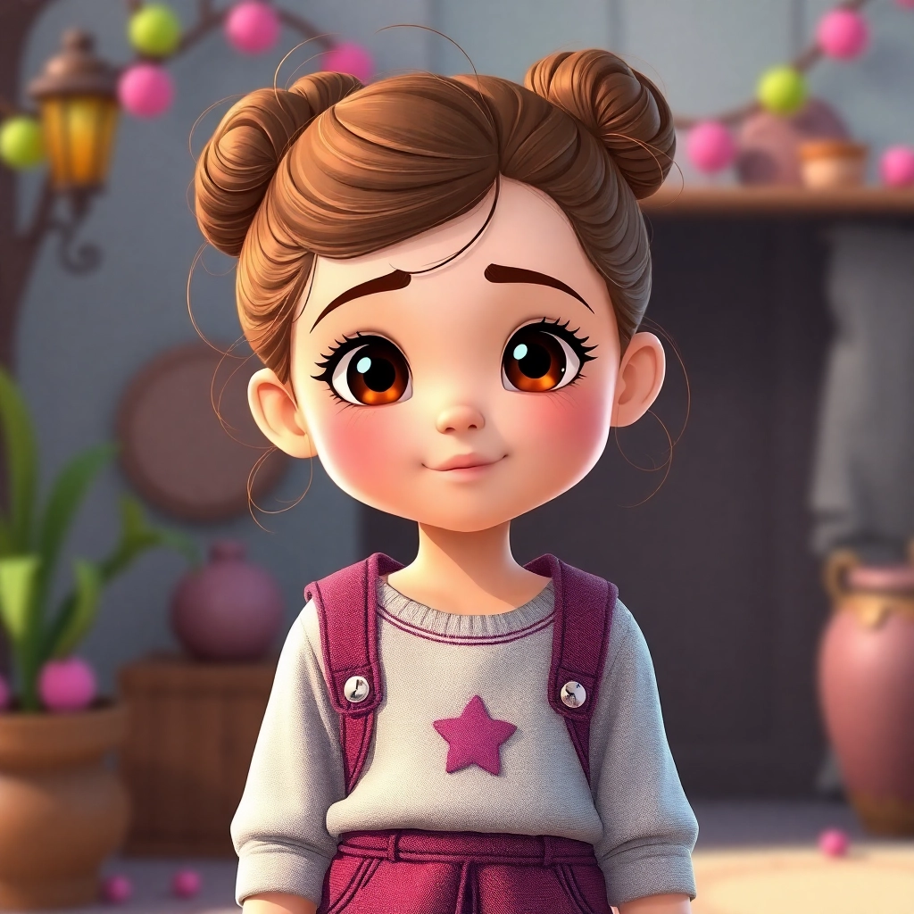Leyla , young child girl with brown bun hair, medium skin color, wearing Casual clothing, Leyla, okul çantasını hazırlıyor, Güneşli bir çocuk odası, Sabah güneşi and Heyecanlı ve mutlu, Disney animation style, colorful, magical., Yakın çekim, 