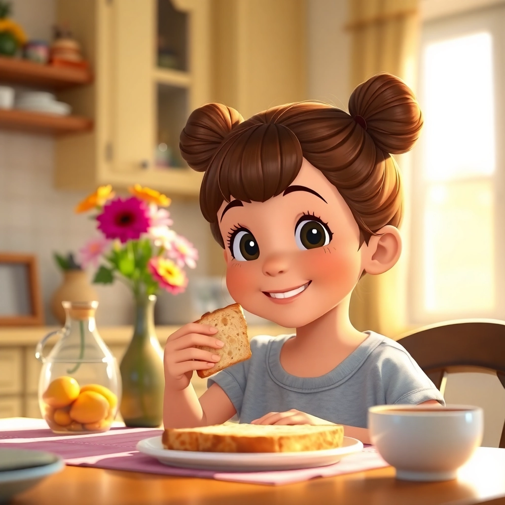 Leyla , young child girl with brown bun hair, medium skin color, wearing Casual clothing, Leyla stretches in bed, bright and colorful bedroom, morning sunlight and happy and energetic, Disney animation style, colorful, magical., medium shot,