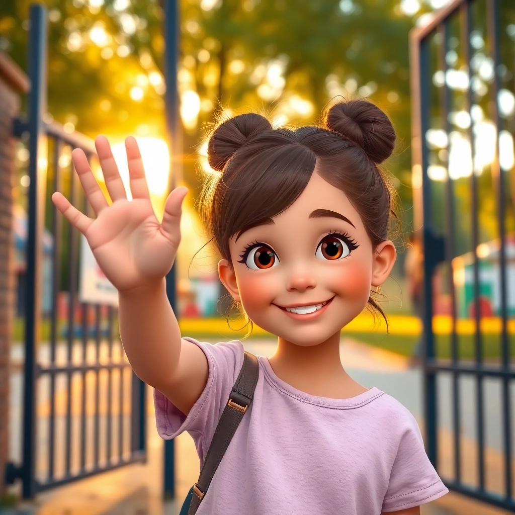 Leyla , young child girl with brown bun hair, medium skin color, wearing Casual clothing, Leyla says goodbye to her friends, school hallway, afternoon light and friendly and wistful, Disney animation style, colorful, magical., medium shot,