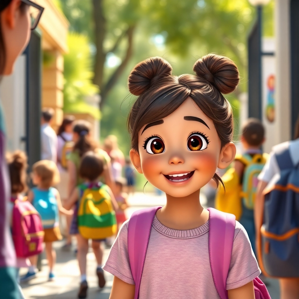 Leyla , young child girl with brown bun hair, medium skin color, wearing Casual clothing, Leyla meets her mother at the school gate, school exterior, late afternoon sunlight and happy reunion, Disney animation style, colorful, magical., medium shot,