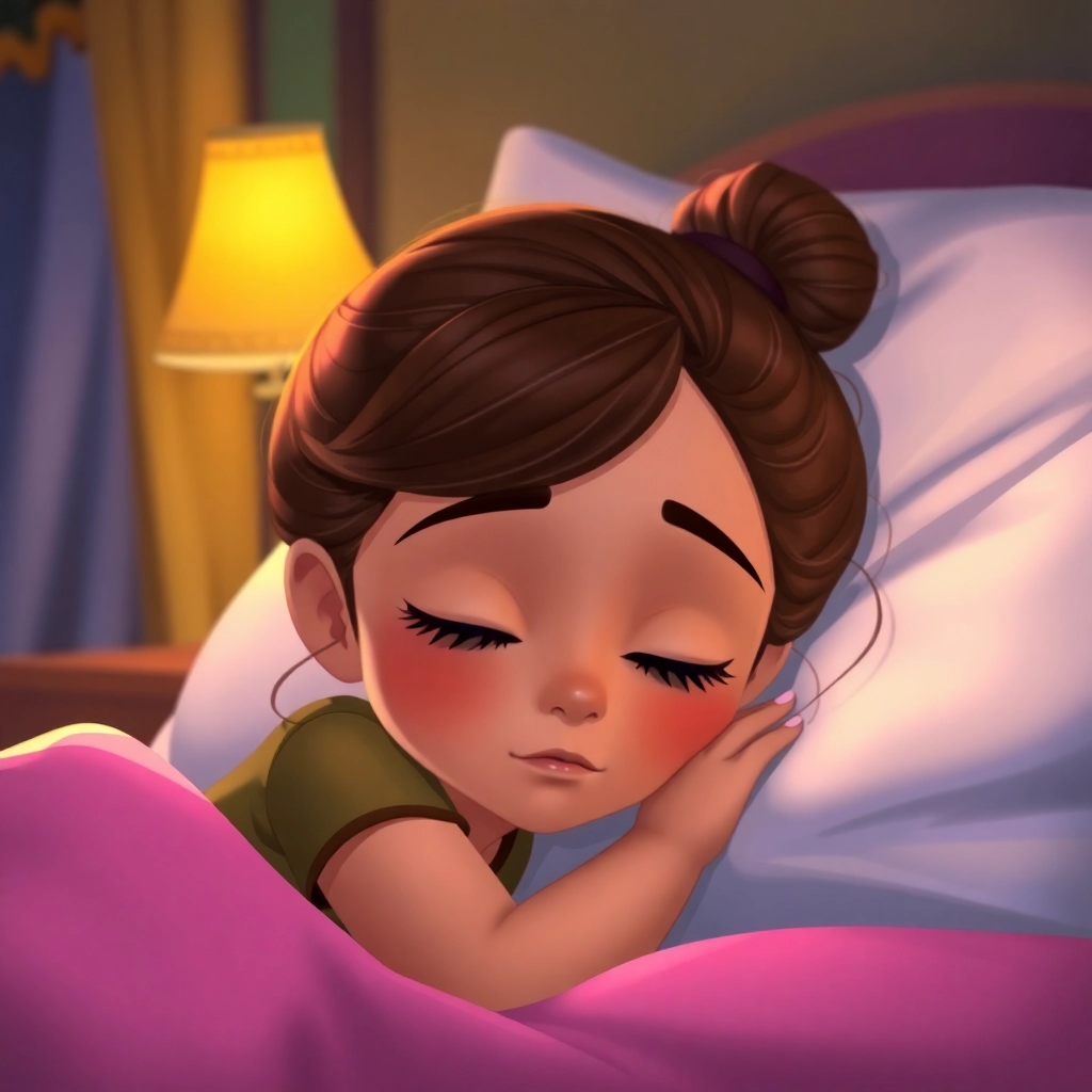 Leyla , young child girl with brown bun hair, medium skin color, wearing Casual clothing, Leyla falls asleep in her bed, cozy bedroom at night, soft lamplight and peaceful and tired, Disney animation style, colorful, magical., close-up of Leyla's face,