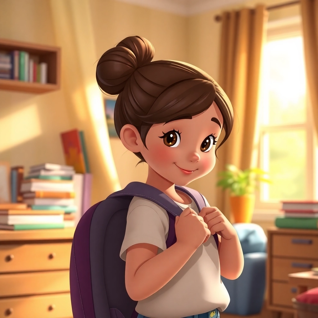 Leyla , young child girl with brown bun hair, medium skin color, wearing Casual clothing, Leyla checks herself in the mirror, hallway with coat rack, natural light and proud and ready, Disney animation style, colorful, magical., close-up of reflection,