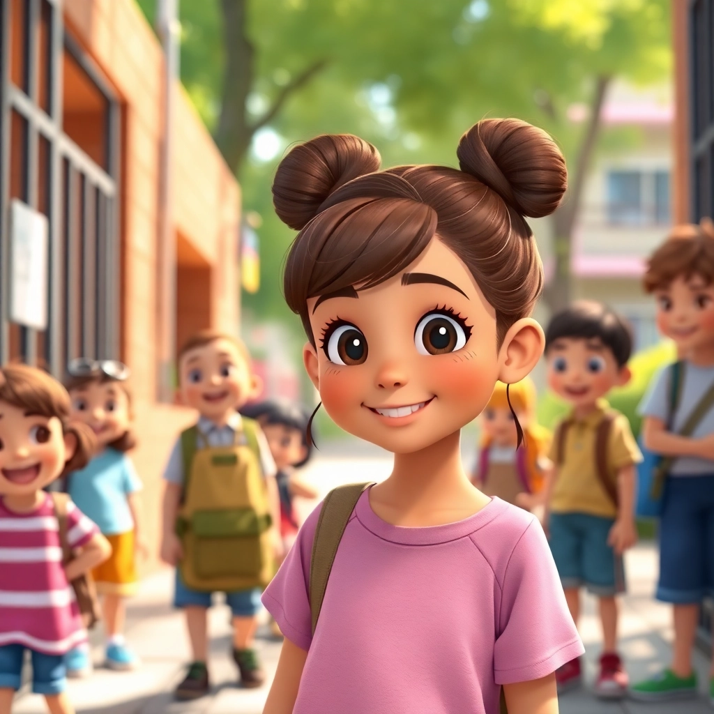 Leyla , young child girl with brown bun hair, medium skin color, wearing Casual clothing, Leyla greets her friends at the school gate, schoolyard with other children, bright daylight and excited and friendly, Disney animation style, colorful, magical., wide shot,