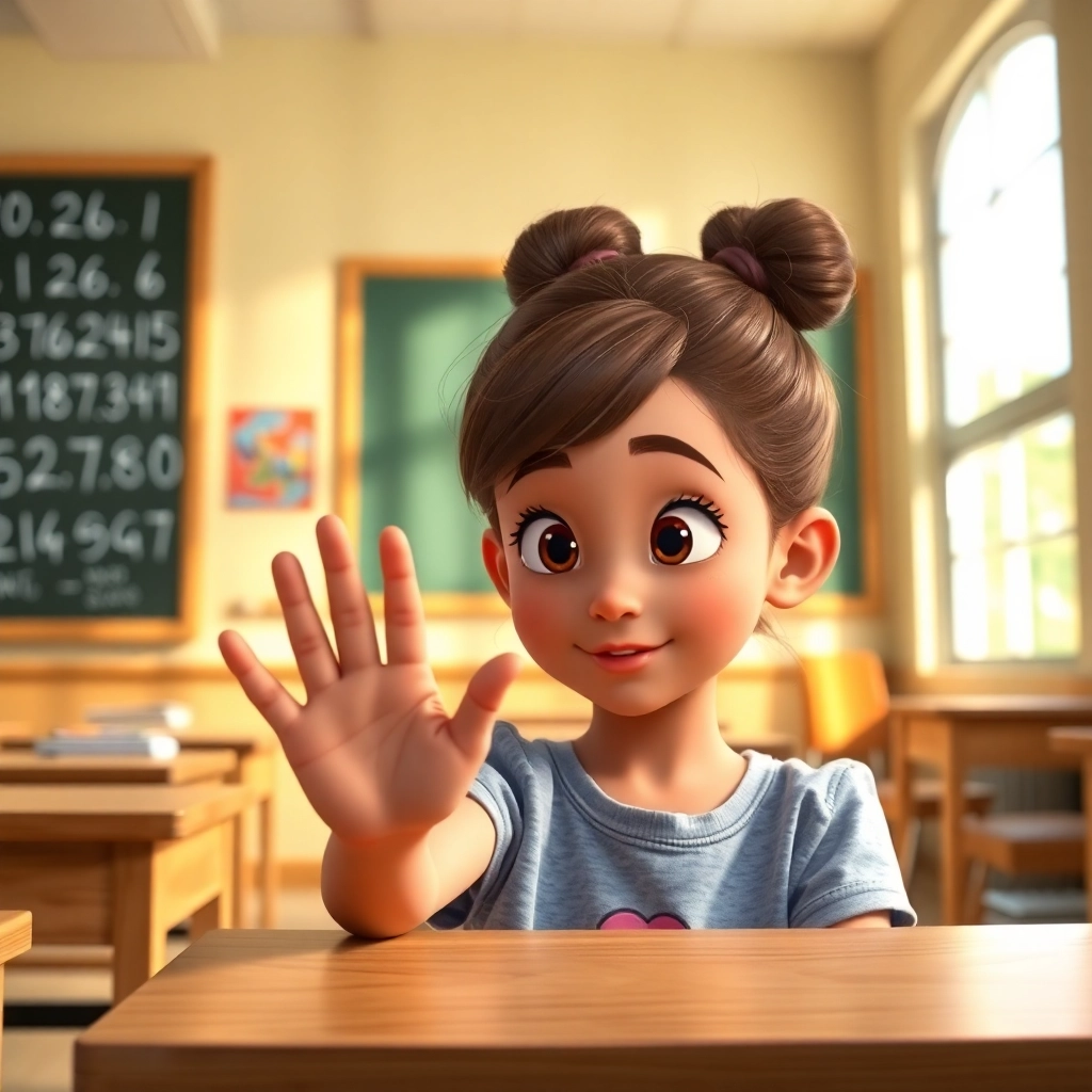 Leyla , young child girl with brown bun hair, medium skin color, wearing Casual clothing, Leyla listens intently to the teacher, classroom with desks and blackboard, indoor lighting and focused and engaged, Disney animation style, colorful, magical., medium shot,