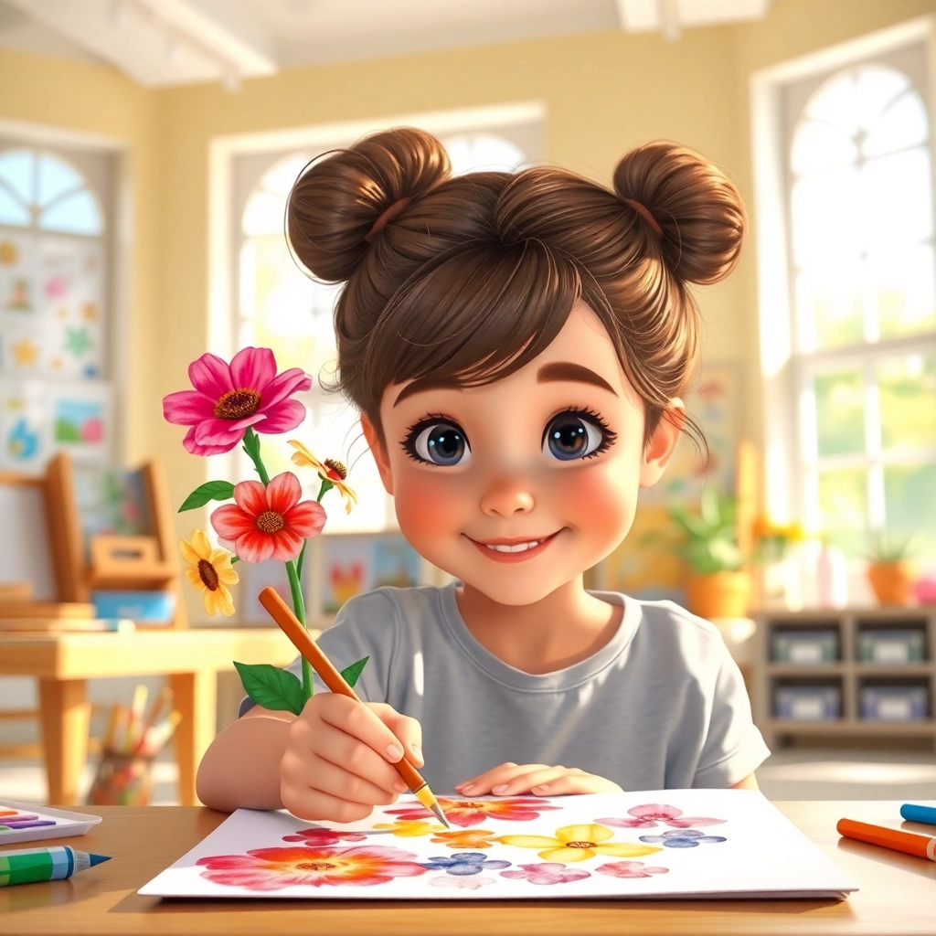 Leyla , young child girl with brown bun hair, medium skin color, wearing Casual clothing, Leyla paints a colorful flower, art corner in the classroom, bright light from a window and creative and happy, Disney animation style, colorful, magical., close-up of hands painting,