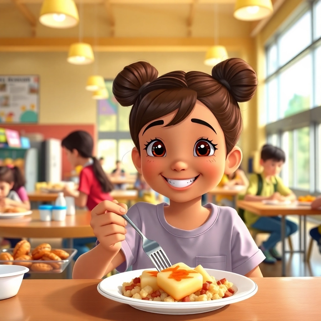 Leyla , young child girl with brown bun hair, medium skin color, wearing Casual clothing, Leyla chooses her lunch, school cafeteria, fluorescent lighting and content and hungry, Disney animation style, colorful, magical., medium shot,