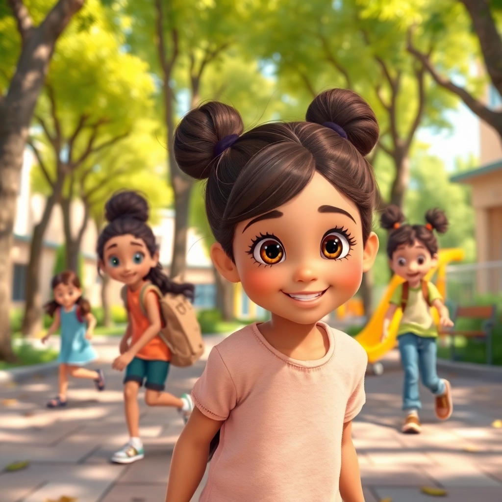 Leyla , young child girl with brown bun hair, medium skin color, wearing Casual clothing, Leyla and her friends play hide-and-seek, schoolyard with trees and playground, sunny day and playful and energetic, Disney animation style, colorful, magical., wide shot,