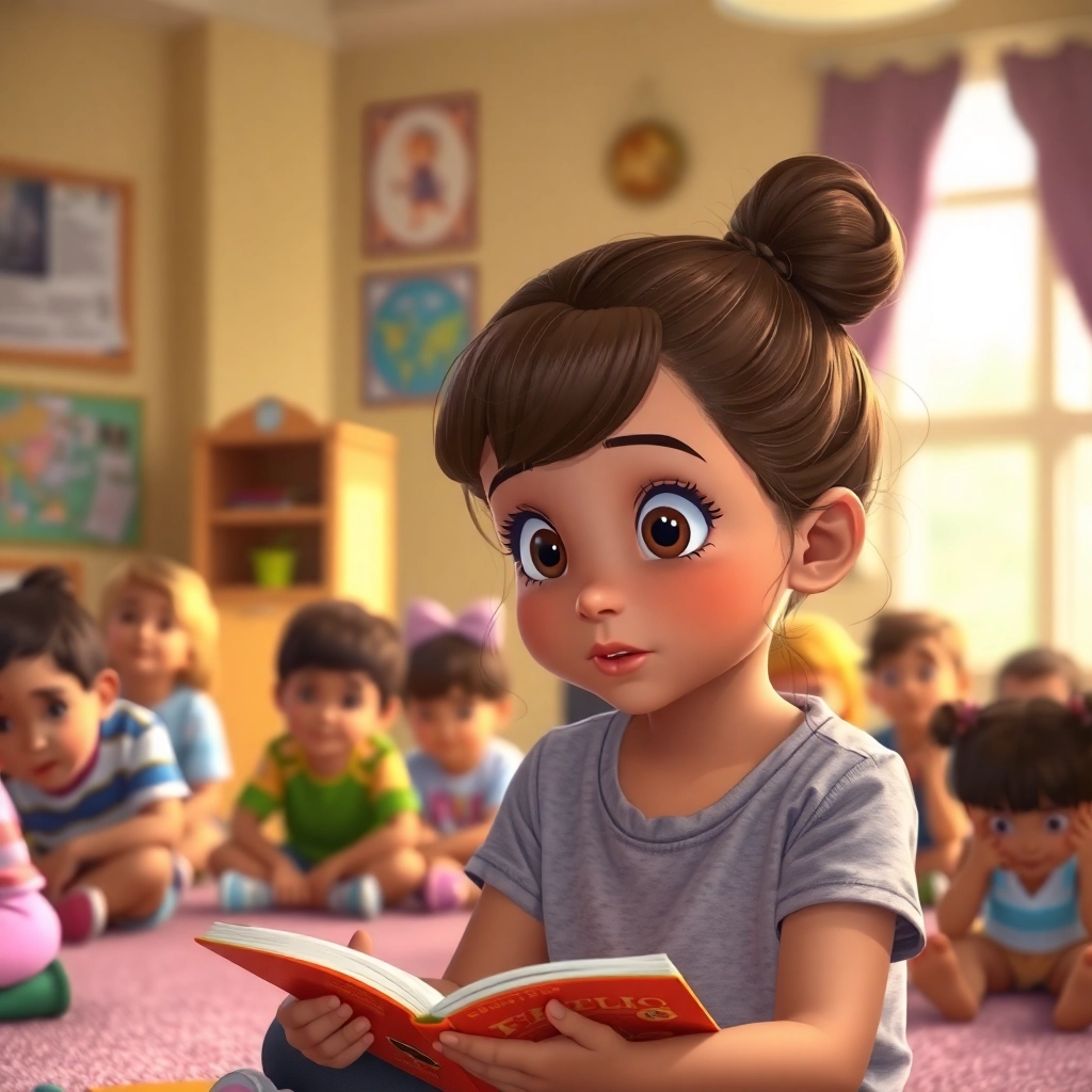 Leyla , young child girl with brown bun hair, medium skin color, wearing Casual clothing, Leyla listens to a story, classroom with children sitting on the carpet, soft indoor light and attentive and curious, Disney animation style, colorful, magical., medium shot,