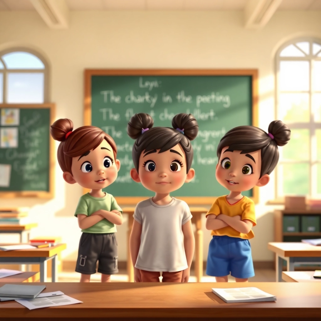 Leyla , young child girl with brown bun hair, medium skin color, wearing Casual clothing, Leyla sings with her classmates, classroom, indoor lighting and joyful and harmonious, Disney animation style, colorful, magical., medium shot,