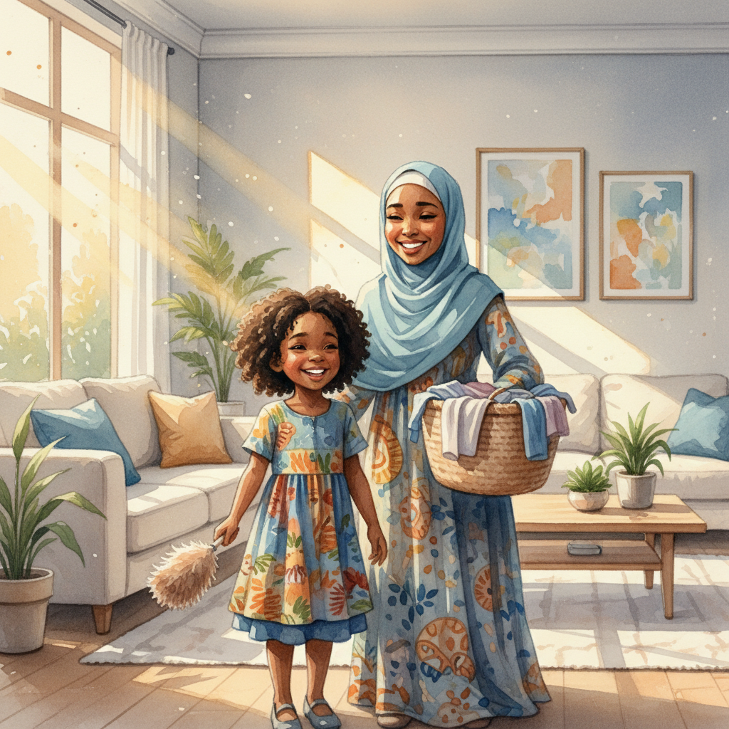 Maryam, young child girl with black curly hair, dark brown skin color, wearing African clothing, Maryam and her muslim mother wearing hijab stand together smiling, Maryam holding a small duster and her mother holding a laundry basket, a bright and tidy modern living room with sun streaming through the window, warm and cheerful morning sunlight and happy and empowering, Watercolor painting style, waist-up medium shot of mother and daughter,