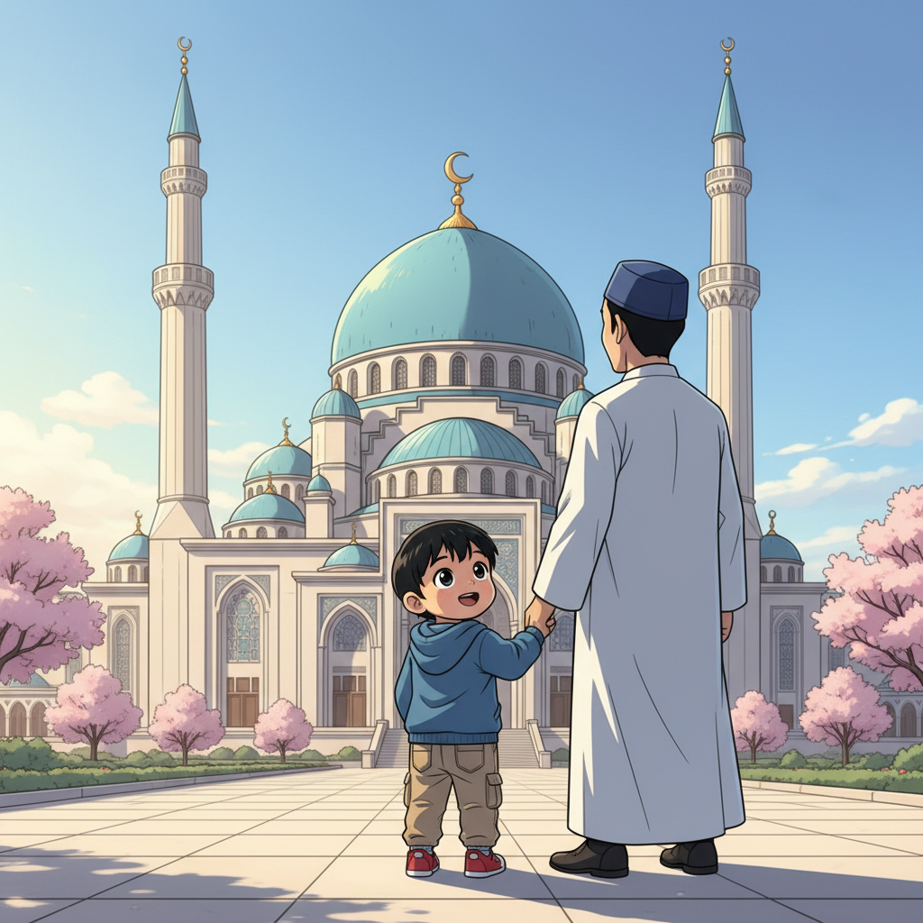 Omar, toddler boy with black straight hair, medium skin color, wearing Casual clothing, a toddler boy with black straight hair and medium skin color holding his father's hand while looking up at a beautiful mosque, outside a grand mosque with a large blue dome and tall minarets under a clear sky, bright morning sun casting soft shadows and hopeful and excited, japanese anime style, wide shot showing the father and son from behind facing the mosque architecture, 