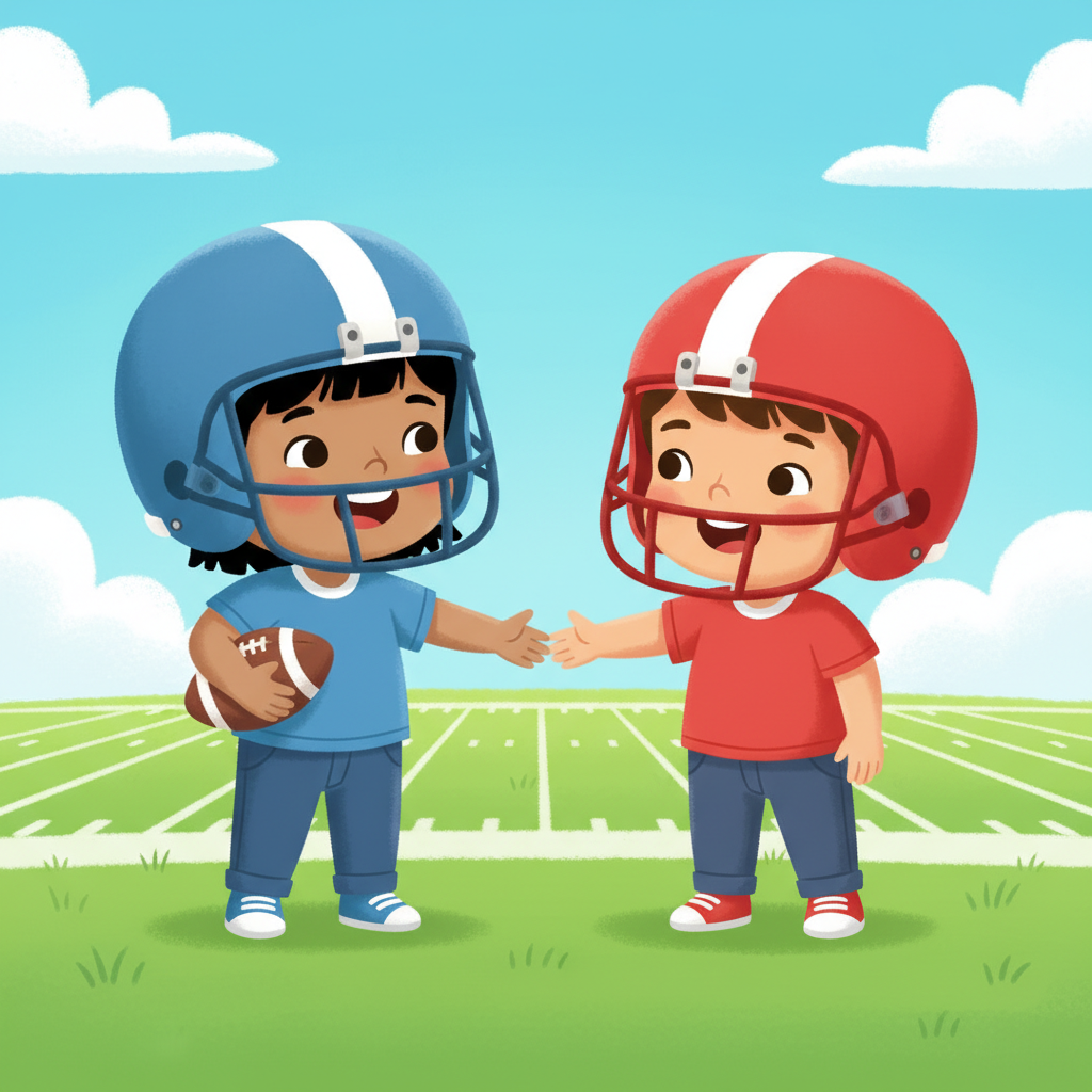 Illustration for Children's Book, Omar, toddler boy with black straight hair, wearing American football helmet, medium skin color, wearing Casual blue clothing, Omar stands smiling while holding a small American football under one arm and shaking hands with another toddler, wearing red clothing, wearing American football helmet, a bright green football field with white yard lines and a blue sky, bright mid-day sunshine creating soft shadows and friendly and joyful, Illustration for Children's Book, medium shot showing Omar and his new friend from the waist up,