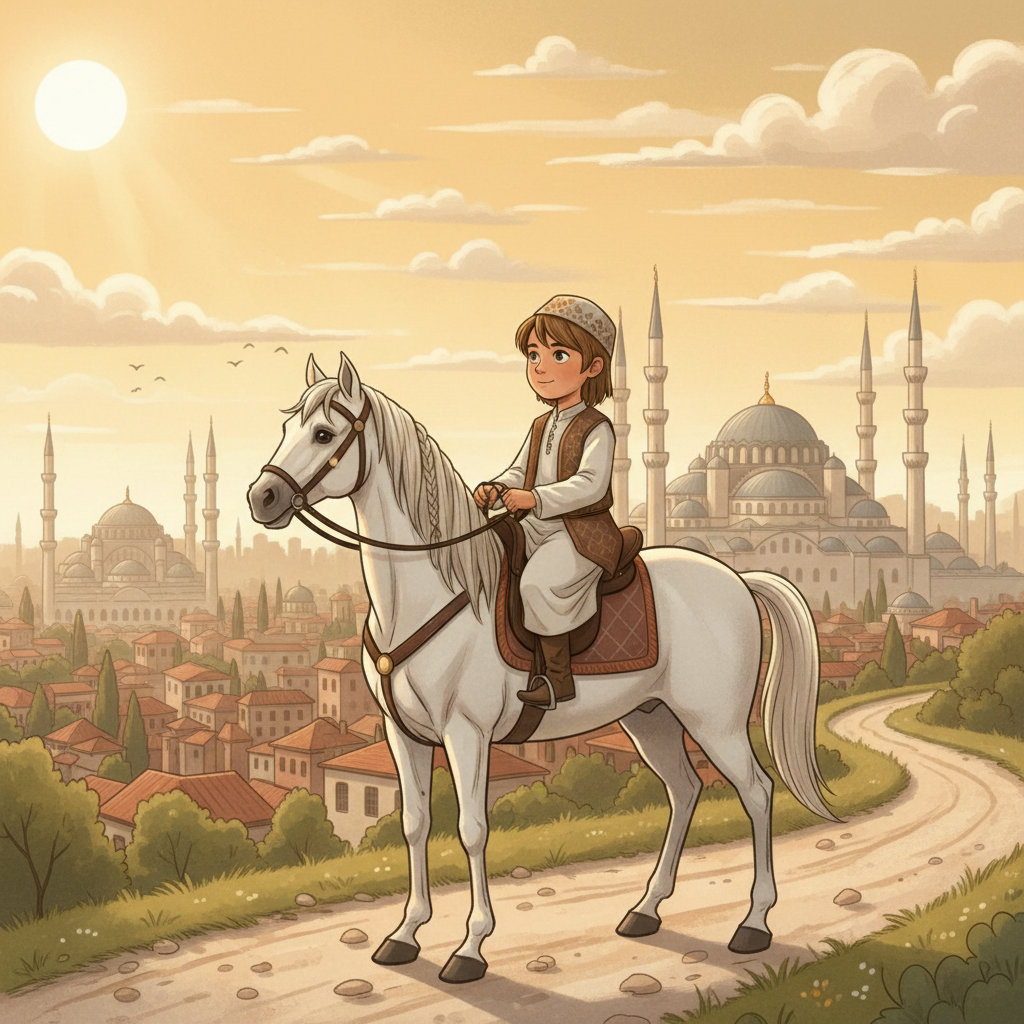 Selahaddin, young child boy with brown straight hair, medium skin color, wearing Islamic clothing, A young boy with brown straight hair and medium skin is riding a majestic white horse, looking ahead with determination., A scenic path overlooking the historic skyline of Istanbul with minarets in the background., Warm golden hour sunlight filtering through the clouds. and Hopeful and adventurous, Illustration for Children's Book, Wide shot showing the boy and the white horse in full profile against the landscape.,