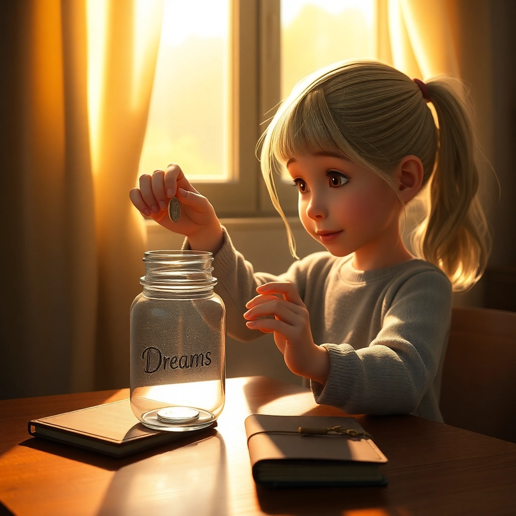 Şeyma , young child girl with blonde ponytail hair, light skin color, wearing Modern clothing, carefully placing a coin into a piggy bank, a bright, cheerful bedroom with toys and books, warm afternoon sunlight streaming through the window and determined and hopeful, Pixar-like character design, octane render, highly detailed., close-up shot focusing on the girl's hand and the piggy bank, 
