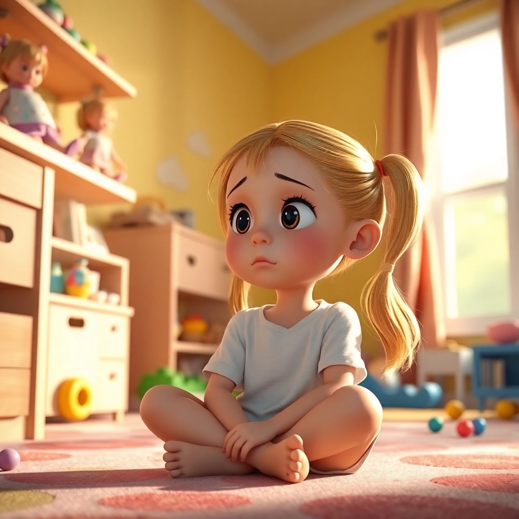 Şeyma , young child girl with blonde ponytail hair, light skin color, wearing Modern clothing, sitting on the floor surrounded by her toys, a brightly colored children's room, soft, natural light from a nearby window and content and playful, Pixar-like character design, octane render, highly detailed., medium shot, slightly above eye level,