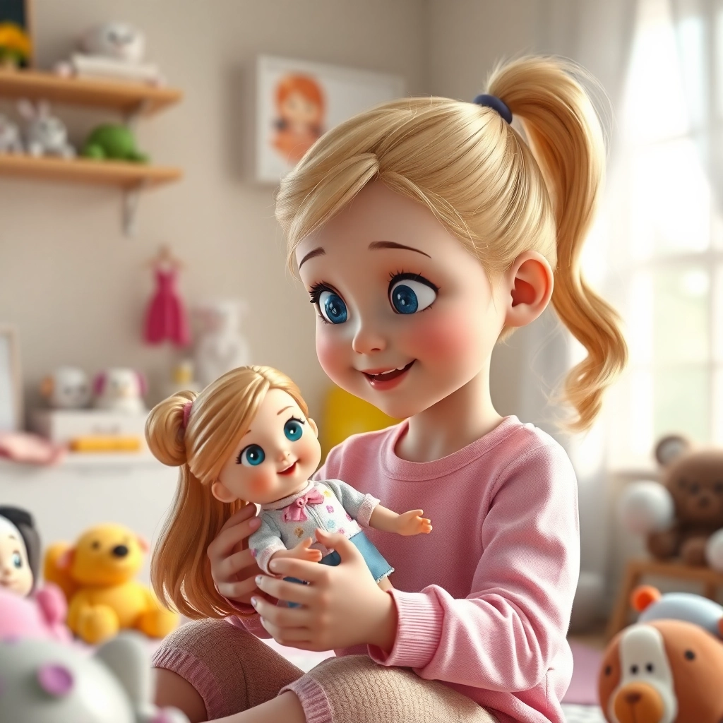 Şeyma , young child girl with blonde ponytail hair, light skin color, wearing Modern clothing, playing with her new doll in her room, her bedroom, surrounded by her other toys, soft, natural light and happy and fulfilled, Pixar-like character design, octane render, highly detailed., medium shot showing her interacting with the doll,