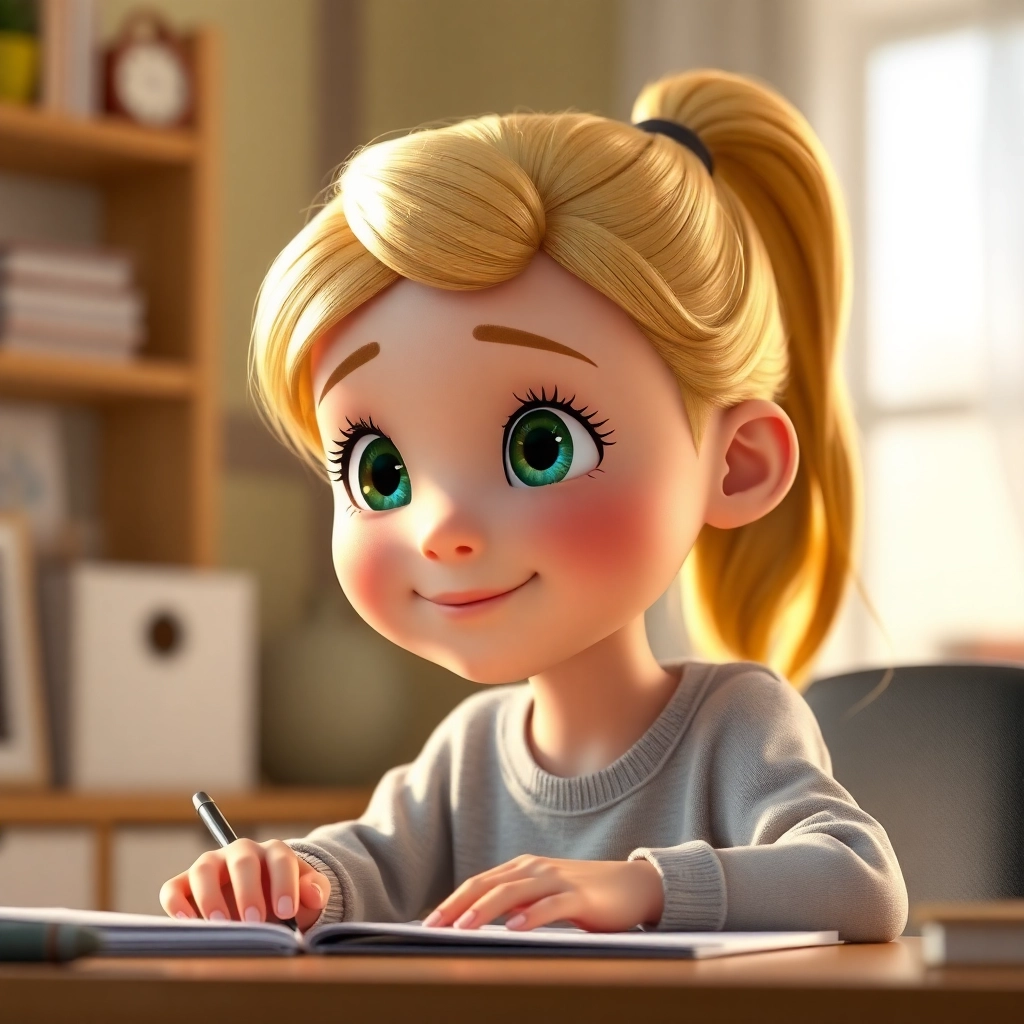 Şeyma , young child girl with blonde ponytail hair, light skin color, wearing Modern clothing, smiling and looking thoughtful, sitting at her desk, reflecting, warm, gentle light and content and wise, Pixar-like character design, octane render, highly detailed., close-up shot focusing on her face,