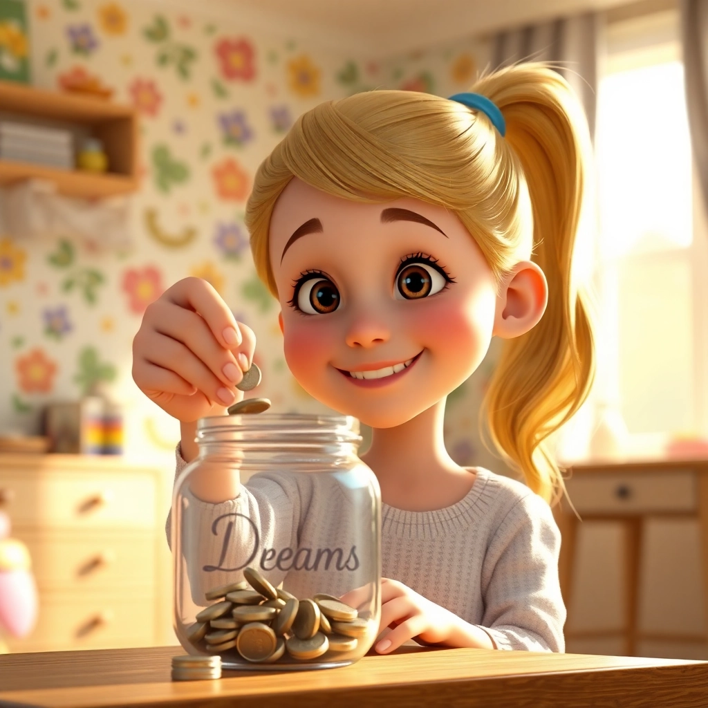 Şeyma , young child girl with blonde ponytail hair, light skin color, wearing Modern clothing, placing another coin in her piggy bank with a smile, her bedroom, at her desk, bright and hopeful light and confident and motivated, Pixar-like character design, octane render, highly detailed., medium shot showing her and the piggy bank,