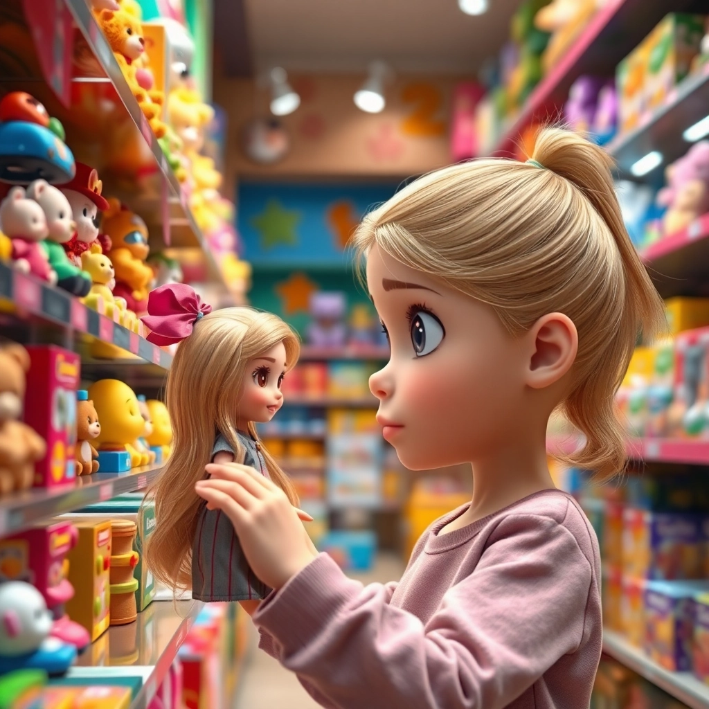 Şeyma , young child girl with blonde ponytail hair, light skin color, wearing Modern clothing, longing at a doll in a toy store window, a colorful toy store with many shelves, bright, slightly artificial lighting and desire and slight disappointment, Pixar-like character design, octane render, highly detailed., medium shot from inside the store looking out at the girl,