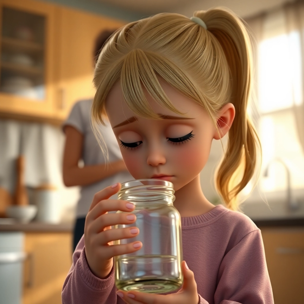 Şeyma , young child girl with blonde ponytail hair, light skin color, wearing Modern clothing, receiving a piggy bank from her mother, the cozy living room of their home, warm, inviting light and hopeful and encouraged, Pixar-like character design, octane render, highly detailed., close-up shot focusing on the exchange between mother and daughter,