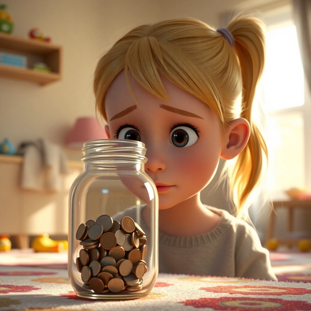 Şeyma , young child girl with blonde ponytail hair, light skin color, wearing Modern clothing, contemplating the empty piggy bank, her bedroom, sitting at her desk, soft, diffused light and thoughtful and slightly discouraged, Pixar-like character design, octane render, highly detailed., medium shot showing her entire upper body and the piggy bank,
