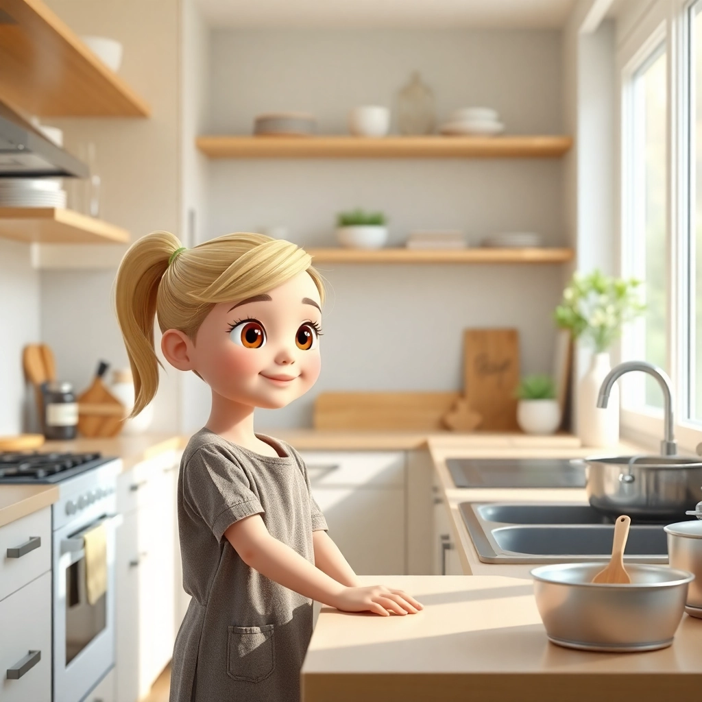 Şeyma , young child girl with blonde ponytail hair, light skin color, wearing Modern clothing, helping her mother with chores in the kitchen, a bright and clean kitchen, natural daylight and helpful and eager, Pixar-like character design, octane render, highly detailed., wide shot showing both the girl and her mother working together,