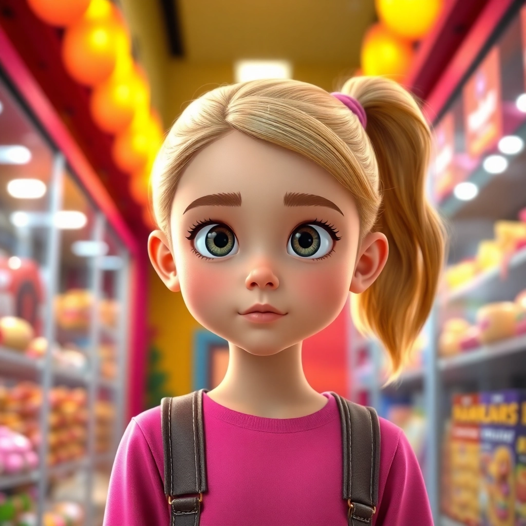 Şeyma , young child girl with blonde ponytail hair, light skin color, wearing Modern clothing, resisting the urge to buy candy, a colorful candy store, bright and tempting lighting and determined and disciplined, Pixar-like character design, octane render, highly detailed., medium shot focusing on her face, showing resolve,