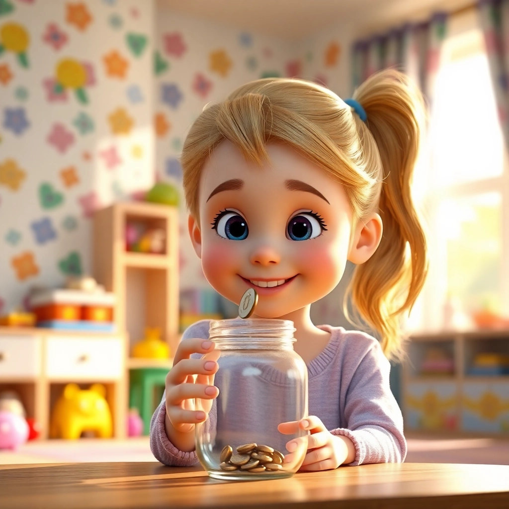 Şeyma , young child girl with blonde ponytail hair, light skin color, wearing Modern clothing, checking her piggy bank with excitement, her bedroom, holding the piggy bank, warm, inviting light and excited and hopeful, Pixar-like character design, octane render, highly detailed., close-up shot focusing on her face and the piggy bank,