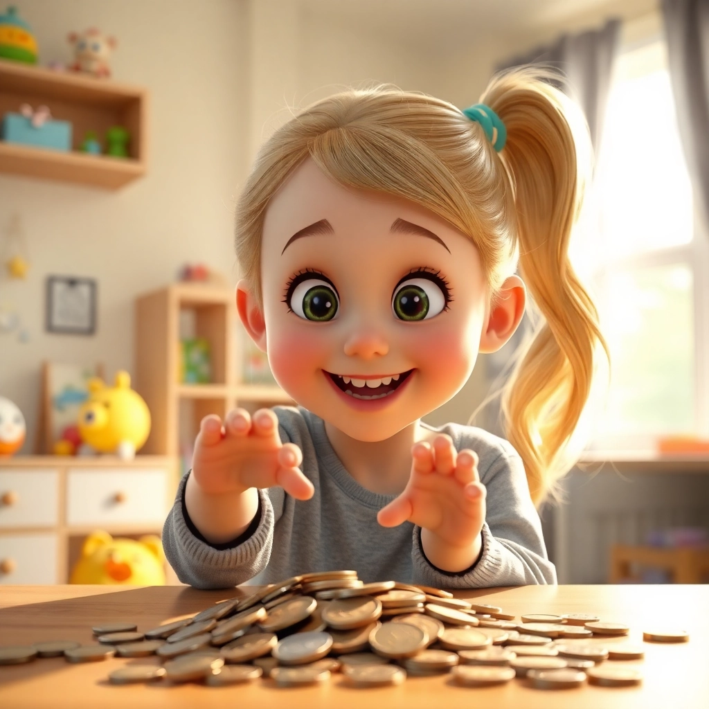 Şeyma , young child girl with blonde ponytail hair, light skin color, wearing Modern clothing, counting the money in her piggy bank, her bedroom floor, surrounded by coins, bright and cheerful light and thrilled and accomplished, Pixar-like character design, octane render, highly detailed., wide shot showing her celebrating her success,