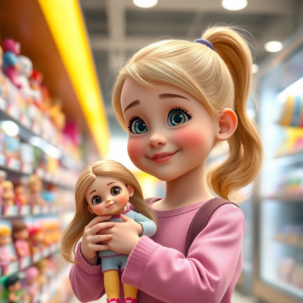 Şeyma , young child girl with blonde ponytail hair, light skin color, wearing Modern clothing, holding the doll she had been saving for, the toy store, near the checkout counter, bright, artificial lighting and overjoyed and grateful, Pixar-like character design, octane render, highly detailed., close-up shot focusing on her face and the doll,