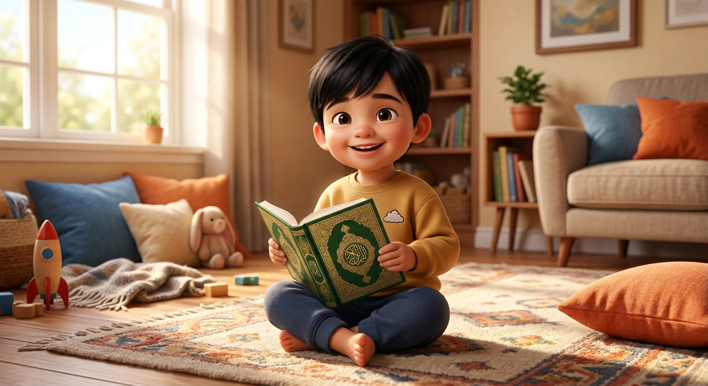 Talha, toddler boy with black straight hair, fair skin color, wearing Casual clothing, A toddler boy with black straight hair sits cross-legged holding a beautiful book with a crescent moon design on the cover, A cozy living room with soft rugs and pillows on the floor, Warm morning sunlight filtering through a window and Hopeful and joyful, Pixar Style, Eye-level medium shot of the boy looking at the viewer with a big smile, 