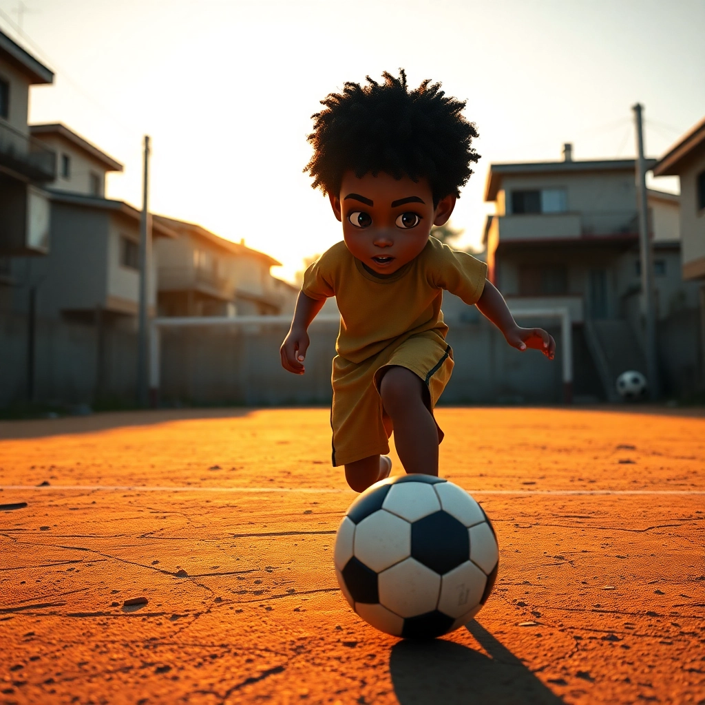 Talha, None boy with black curly hair, brown skin color, wearing African clothing, Talha kicks the soccer ball with determination during a crucial game., A vibrant soccer field surrounded by cheering fans under a clear blue sky., Bright afternoon sunlight casting long shadows across the field. and Excitement and anticipation filling the air as the game reaches its peak., Pixar-like character design, octane render, highly detailed., A dynamic action shot, low angle, capturing Talha's powerful kick and the ball in motion., 