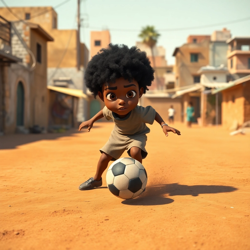 Talha, None boy with black curly hair, brown skin color, wearing African clothing, Talha dribbles the ball skillfully past his friends., A dusty soccer field in a humble neighborhood., Warm afternoon sunlight. and Joyful and playful., Pixar-like character design, octane render, highly detailed., Medium shot focusing on Talha's footwork.,