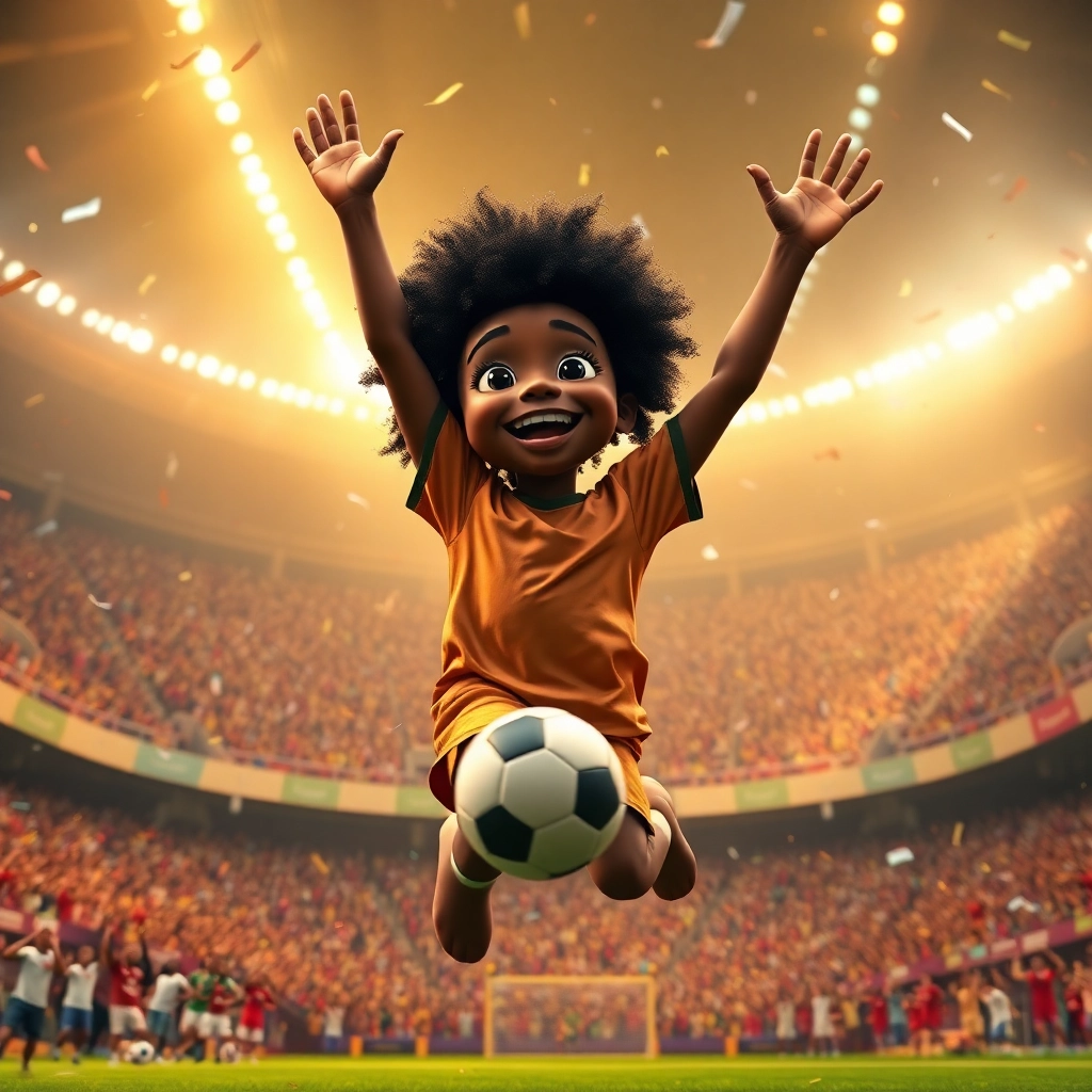 Talha, None boy with black curly hair, brown skin color, wearing African clothing, Talha celebrates the winning goal with his arms raised., The crowded stadium erupting in cheers., Bright and celebratory. and Ecstatic and victorious., Pixar-like character design, octane render, highly detailed., Wide shot capturing the celebration with the crowd.,