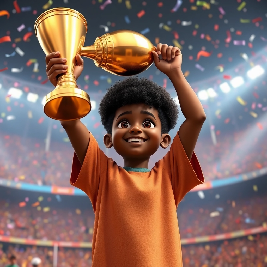 Talha, None boy with black curly hair, brown skin color, wearing African clothing, Talha holds the championship trophy high above his head., The confetti-filled stadium during the celebration., Bright celebratory lights. and Triumphant and proud., Pixar-like character design, octane render, highly detailed., Medium shot focusing on Talha and the trophy.,
