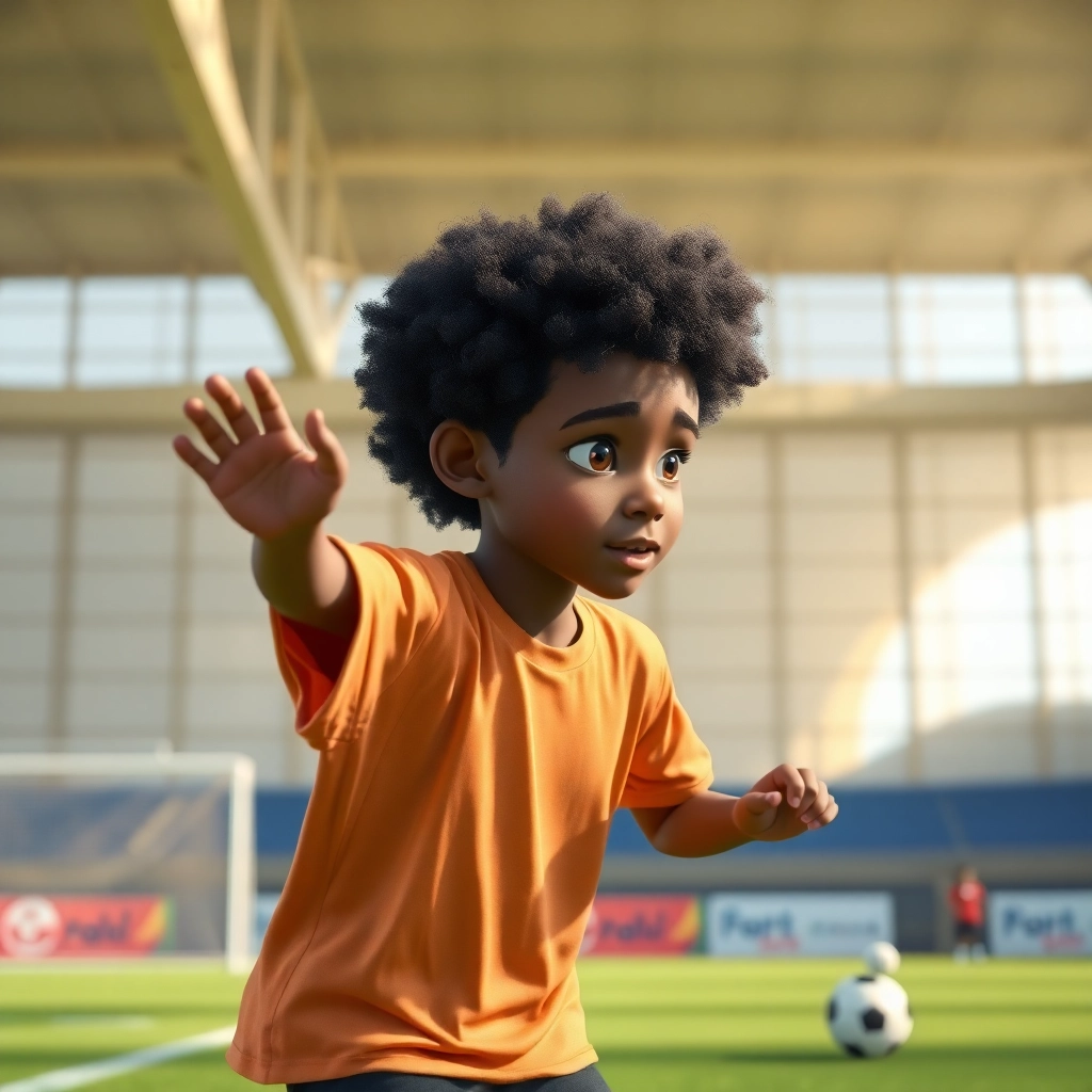 Talha, None boy with black curly hair, brown skin color, wearing African clothing, Talha trains hard on the soccer field., A modern training facility., Bright daylight. and Determined and focused., Pixar-like character design, octane render, highly detailed., Medium shot showing Talha practicing.,