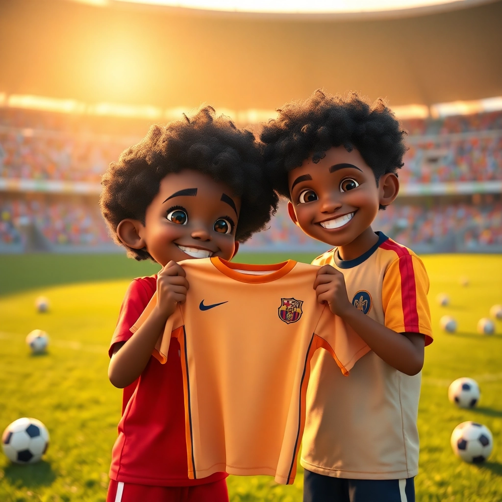 Talha, None boy with black curly hair, brown skin color, wearing African clothing, Talha looks towards the scouts with hopeful eyes., The edge of the soccer field after the game., Sunlight filtering through the trees. and Anxious and hopeful., Pixar-like character design, octane render, highly detailed., Close-up on Talha's face.,