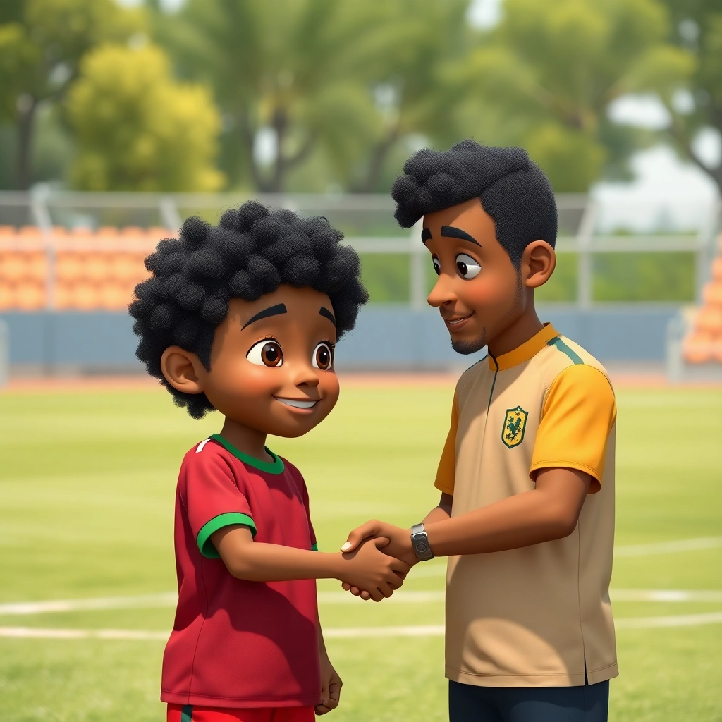 Talha, None boy with black curly hair, brown skin color, wearing African clothing, Talha shakes hands with his new coach., The club's training field., Bright daylight. and Determined and respectful., Pixar-like character design, octane render, highly detailed., Medium shot showing both coach and Talha.,
