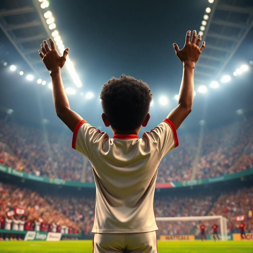 Talha, None boy with black curly hair, brown skin color, wearing African clothing, Talha celebrates a goal with his teammates., The soccer field during a game., Stadium lights shining brightly. and Exuberant and victorious., Pixar-like character design, octane render, highly detailed., Wide shot capturing the celebration.,