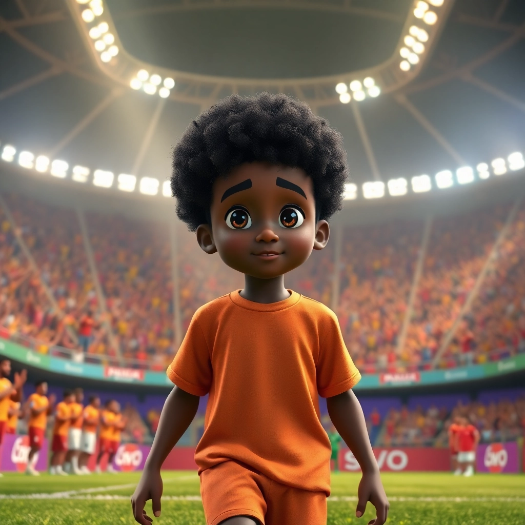 Talha, None boy with black curly hair, brown skin color, wearing African clothing, Talha steps onto the field for his first A team game., The soccer stadium with cheering fans., Bright game lights. and Excited and nervous., Pixar-like character design, octane render, highly detailed., Wide shot showing Talha entering the field.,