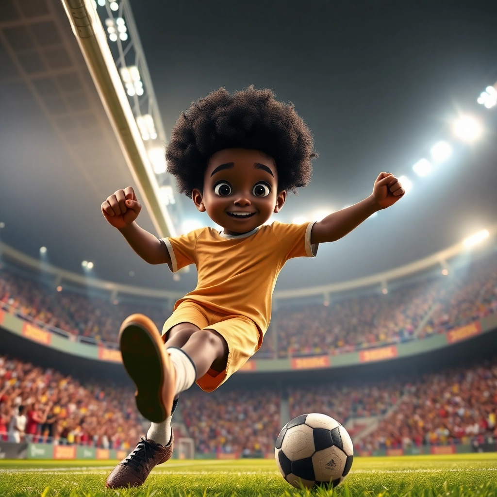 Talha, None boy with black curly hair, brown skin color, wearing African clothing, Talha shoots the ball towards the goal., The penalty box during a crucial moment., Focused stadium lighting. and Intense and focused., Pixar-like character design, octane render, highly detailed., Action shot, side view.,