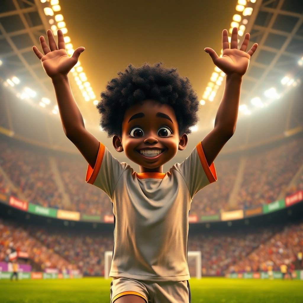 Talha, None boy with black curly hair, brown skin color, wearing African clothing, Talha is interviewed by a reporter after a game., The stadium's press area., Bright artificial lighting. and Proud and confident., Pixar-like character design, octane render, highly detailed., Medium shot focusing on Talha and the reporter.,
