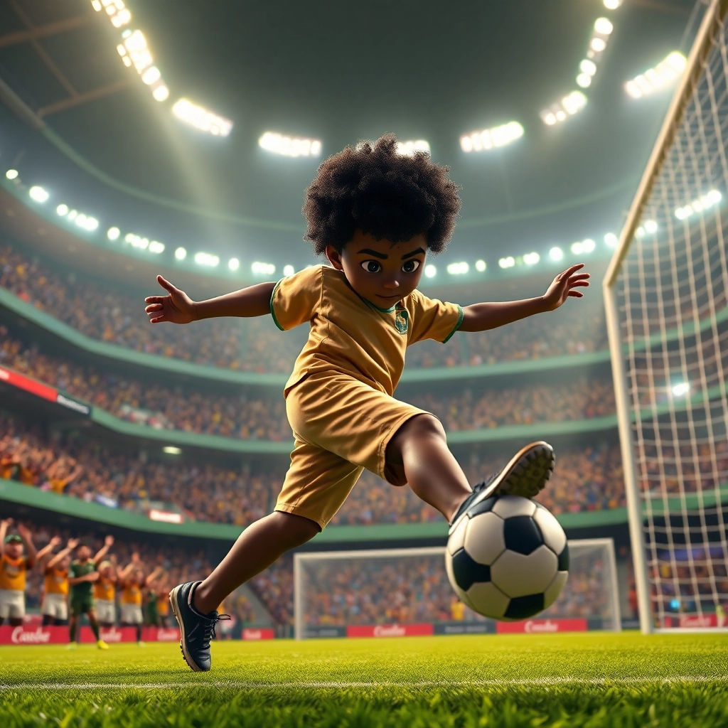 Talha, None boy with black curly hair, brown skin color, wearing African clothing, Talha dribbles the ball intensely towards the goal., The tense atmosphere of a championship game., Dramatic stadium lights. and Focused and determined., Pixar-like character design, octane render, highly detailed., Close-up on Talha's face during the run.,
