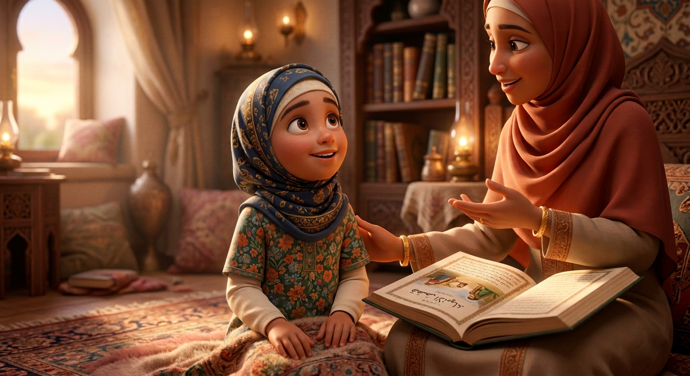 Zeyneb, young child girl with brown wavy hair, medium skin color, wearing Islamic clothing, a young girl with brown wavy hair sits by a large window looking at a starry sky, imagining an ancient landscape, a cozy bedroom with a large window and soft pillows, gentle moonlight and a warm bedside lamp glow and dreamy and inspirational, Pixar Style, wide shot showing the girl in her room looking out at the vast sky,
