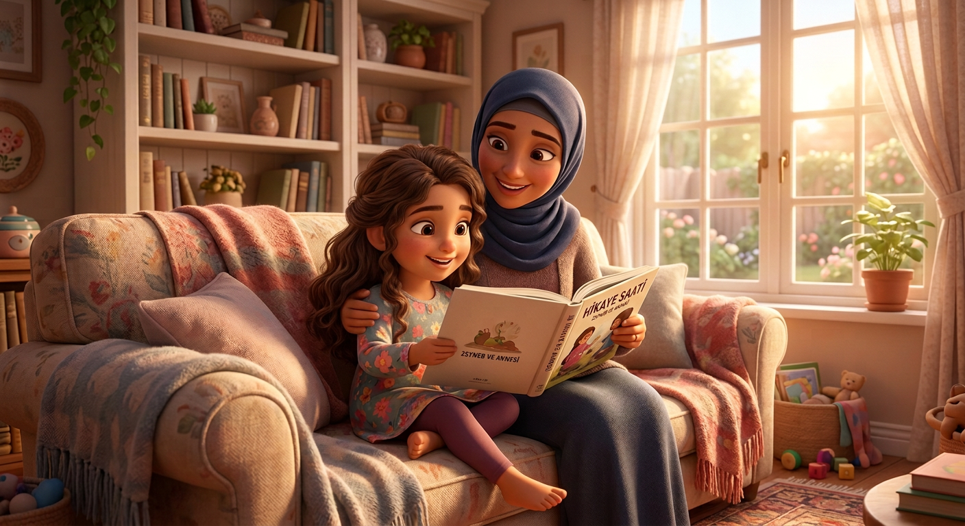 Zeyneb, young child girl with brown wavy hair, medium skin color, wearing Islamic clothing, Zeyneb and her mother are sitting on a cozy sofa, reading a large book together with happy expressions, A warm, cozy living room with a sunlit window and a bookshelf in the background, Soft afternoon sunlight filtering through the window, creating a warm glow and Heartwarming and educational, Pixar Style, Medium wide shot showing Zeyneb with her brown wavy hair and her mother in a peaceful setting, 